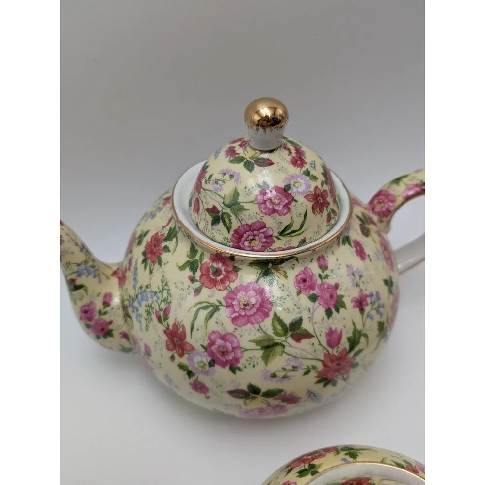 VTG Charlotte Baum Brothers China Yellow & Pink Chintz Floral 13 Pc Set Cups Tea